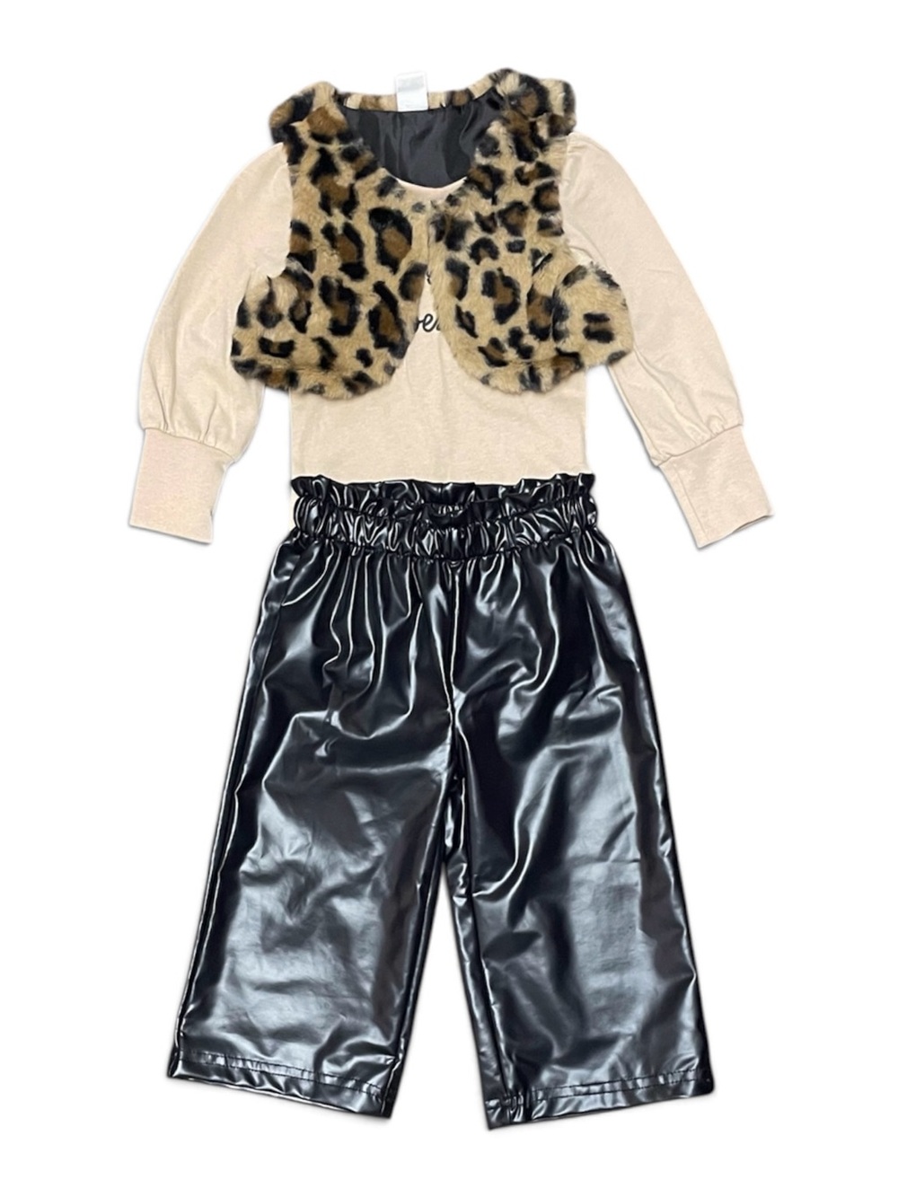 Leopard Faux Fur Vest and Black Vegan Leather Pants Set Toddler Girls size 12M